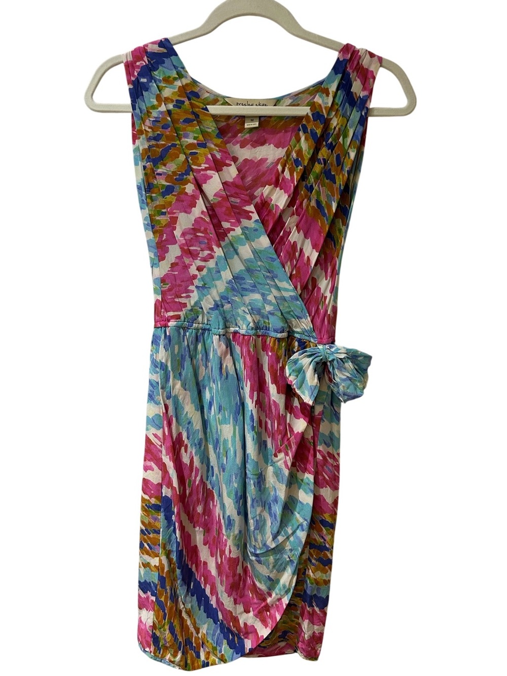 Presley & Skye Silk Pink, Blue & Mustard Abstract Faux Wrap Dress.  Medium